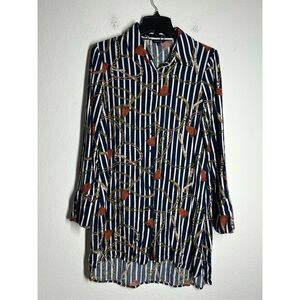 Marquis Women’s Blouse Size S Blue Brown Chain Pattern Button Down Long Sleeve